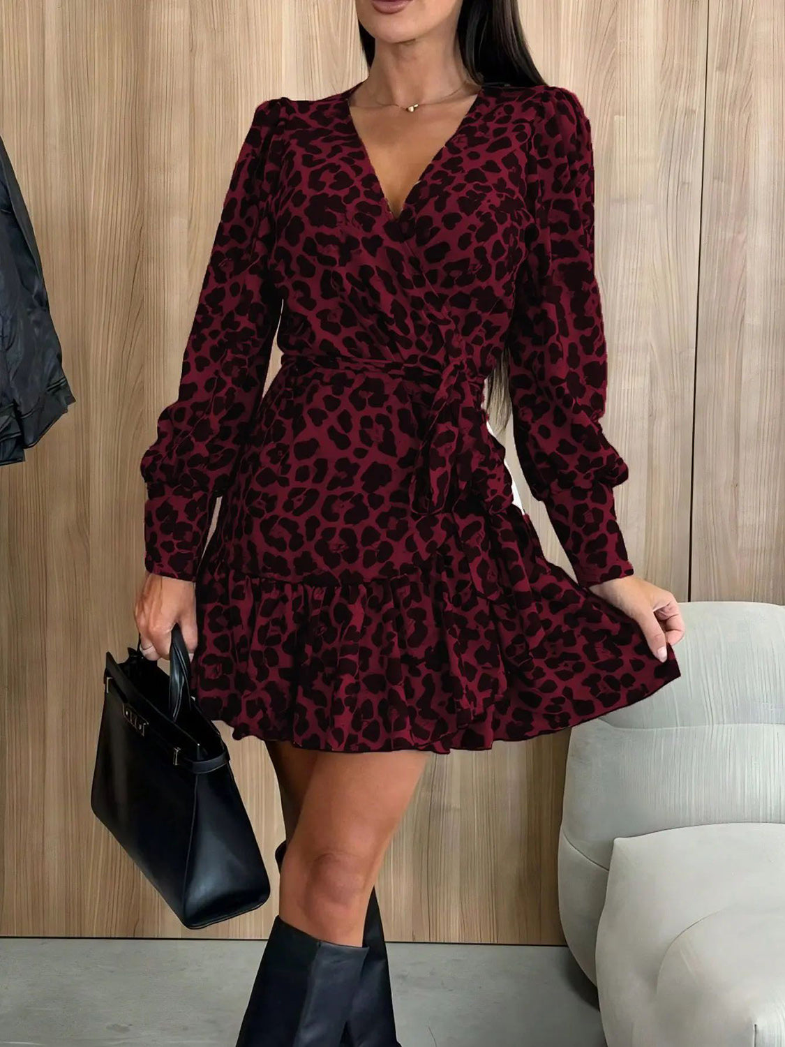 Tied Leopard Surplice Long Sleeve Dress CMP