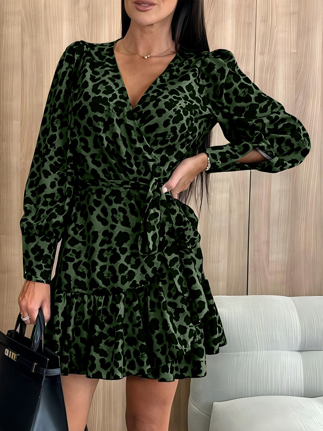 Tied Leopard Surplice Long Sleeve Dress CMP