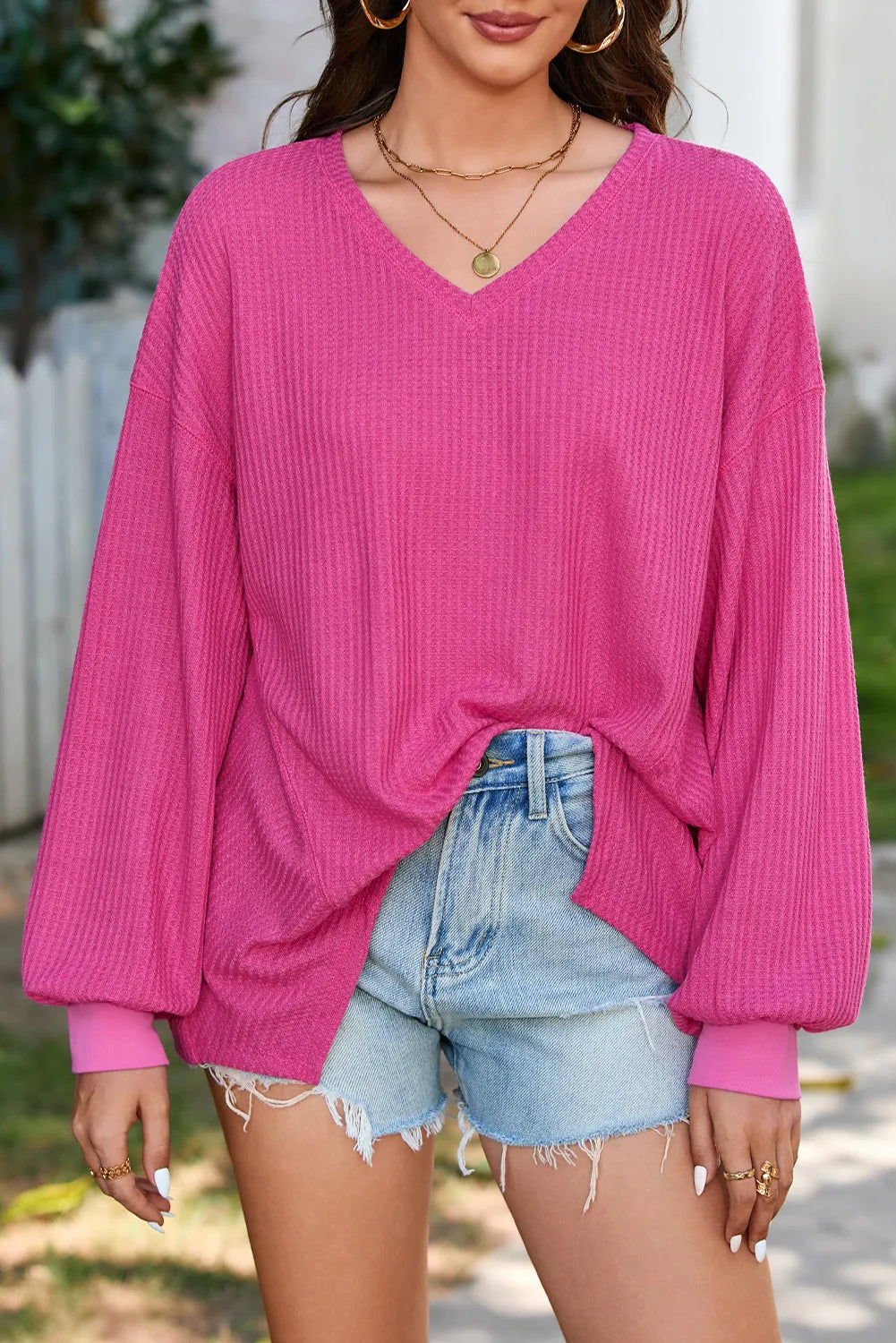 Waffle-Knit V-Neck Long Sleeve Top CMP