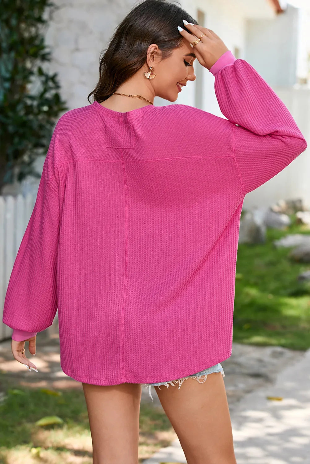 Waffle-Knit V-Neck Long Sleeve Top CMP