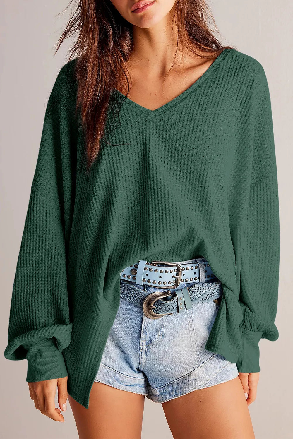 Waffle-Knit V-Neck Long Sleeve Top CMP