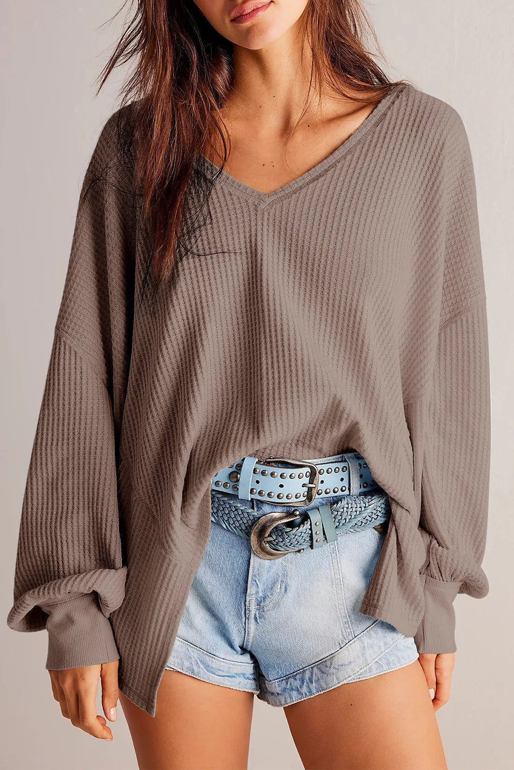 Waffle-Knit V-Neck Long Sleeve Top CMP