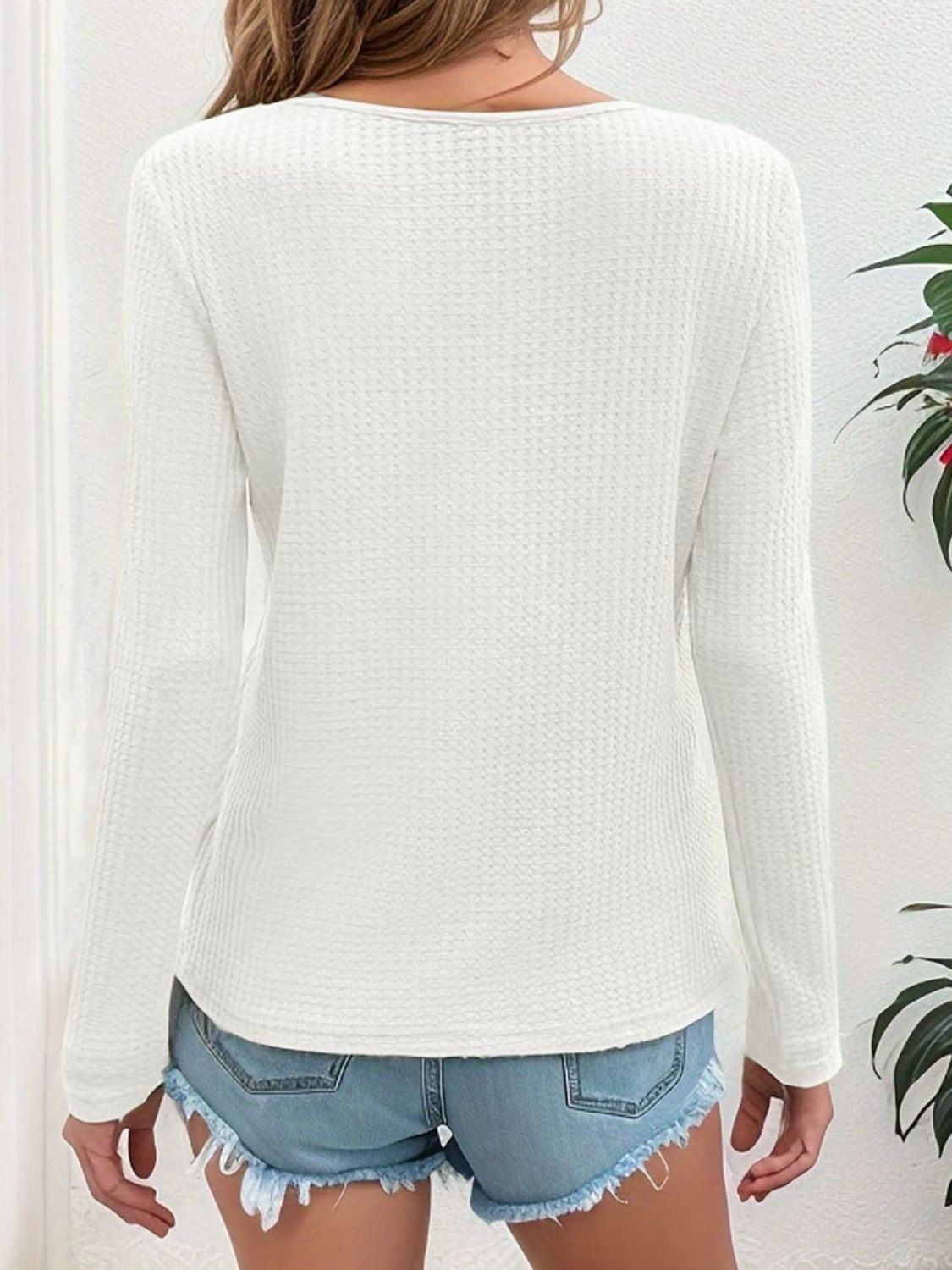 Waffle-Knit V-Neck Long Sleeve Top CMP