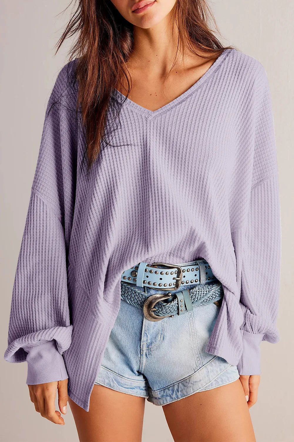 Waffle-Knit V-Neck Long Sleeve Top CMP