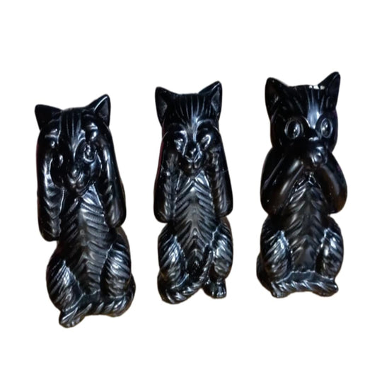 Black Obsidian Hear No Evil-See No Evil-Speak No Evil Black Cat Set