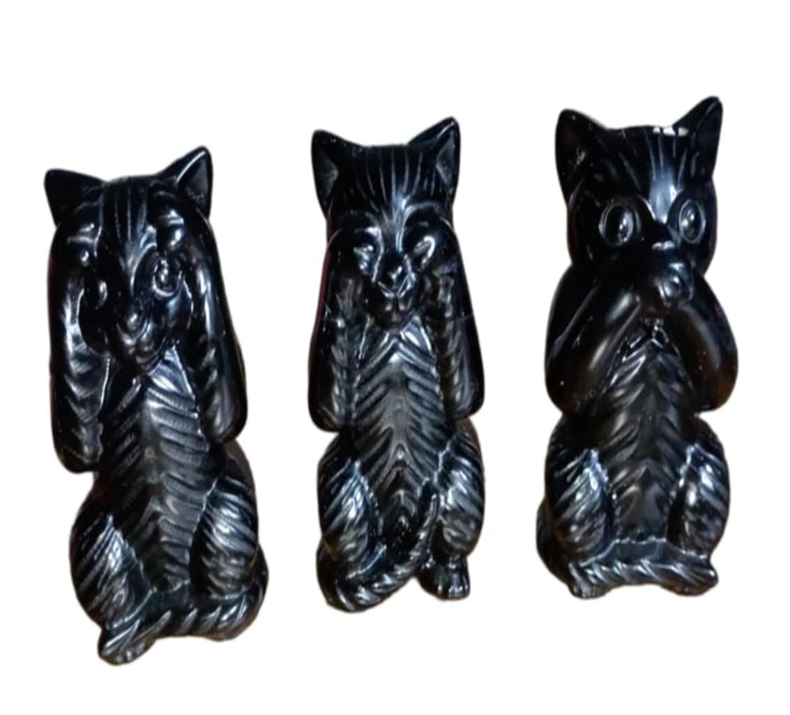 Hear No Evil-See No Evil-Speak No Evil Black Cats: Black Obsidian Carvings - CMP